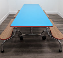 Load image into Gallery viewer, 92 inch CAFETERIA LUNCH TABLE W/ FOLDABLE BENCH SEAT, LIGHT BLUE TOP, WOOD GRAIN BENCH, ADULT SIZE (RF)
