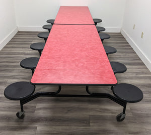 12ft Cafeteria Lunch Table w/ 12 Stool Seat, Red Brush Top, Black Seat, Adult Size (RF)