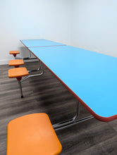 Load image into Gallery viewer, 12ft Cafeteria Lunch Table w/ 8 Stool Seat, Handicap Accessible, Light Blue Top, Orange Seat, Adult Size (RF)
