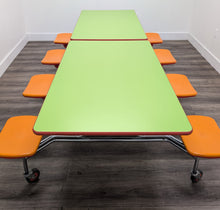 Load image into Gallery viewer, Space Saver 8ft Cafeteria Lunch Table w/ 8 Stool Seat, Lime Green Top, Orange Seat, Adult Size (RF)

