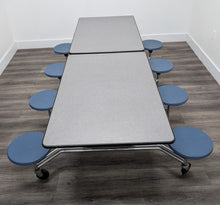Load image into Gallery viewer, Space Saver 8ft Cafeteria Lunch Table w/ 8 Stool Seat, Gray Top, Navy Blue Seat, Elementary Size (RF)
