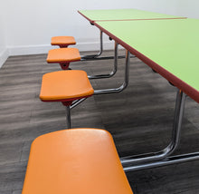 Load image into Gallery viewer, Space Saver 8ft Cafeteria Lunch Table w/ 8 Stool Seat, Lime Green Top, Orange Seat, Adult Size (RF)
