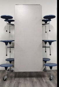 12ft Cafeteria Lunch Table w/ Stool Seat, Gray Top, Blue Seat, Elementary Size (RF)