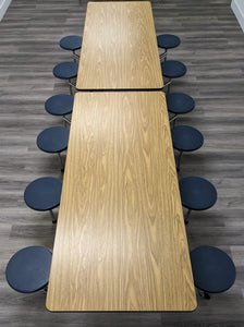 12ft Cafeteria Lunch Table w/ Stool Seat, Wood Grain Top, Blue Seat, Adult Size (RF)