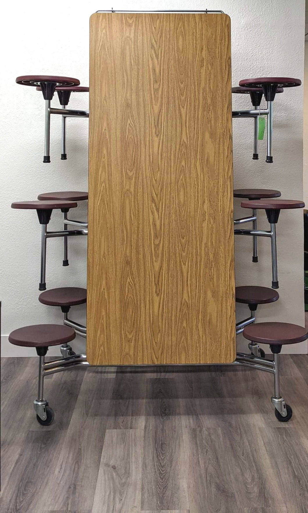 12ft Cafeteria Lunch Table w/ 12 Stool Seat, Wood Grain Oak Top, Burgundy Seat, Adult Size (RF)