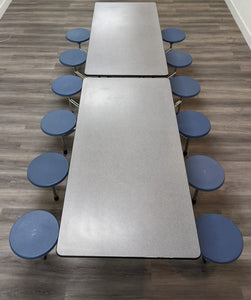 10ft Cafeteria Lunch Table w/ 12 Stool Seat, Gray Top, Blue Seat, Adult Size (RF)