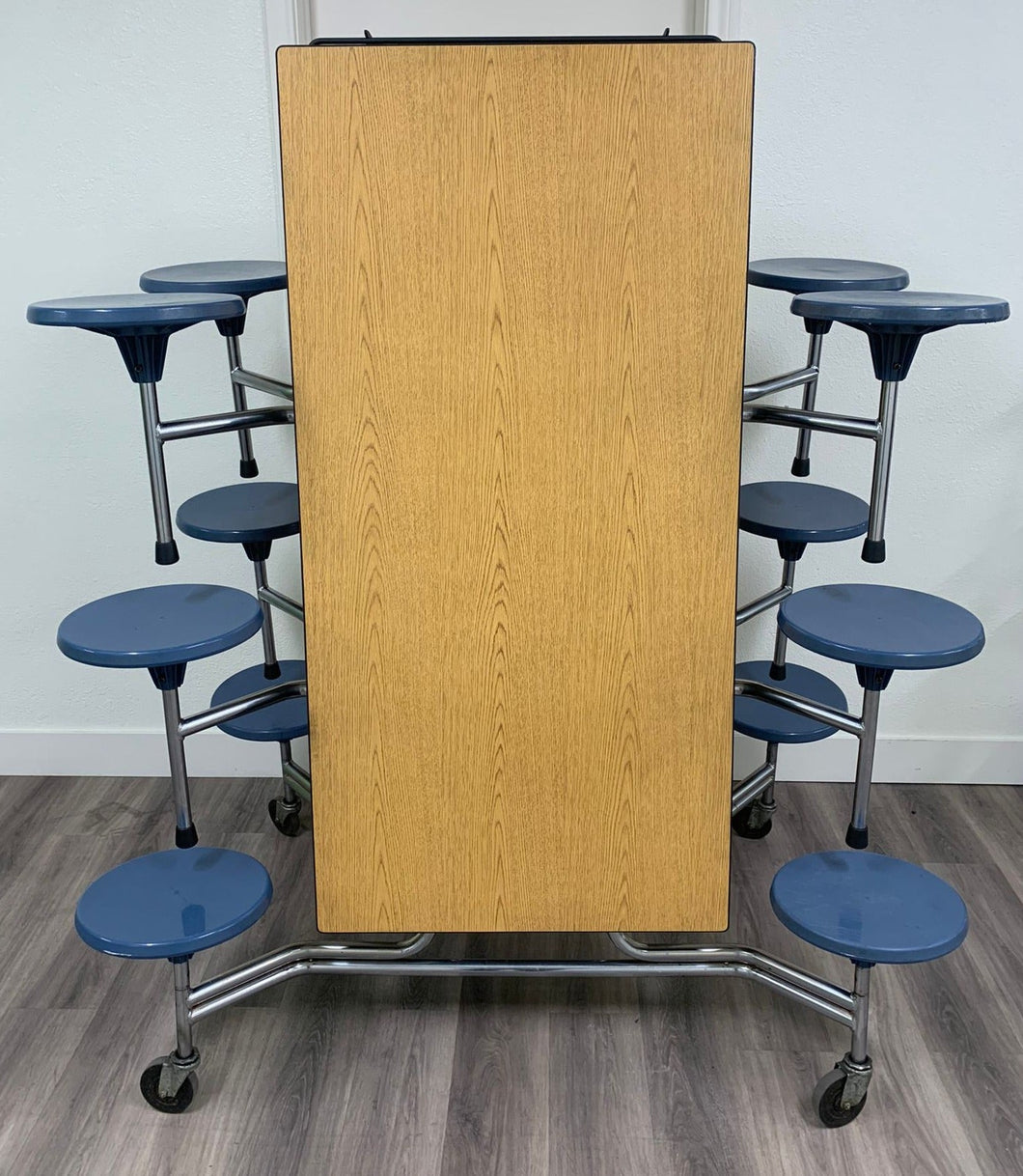 10ft Cafeteria Lunch Table w/ 12 Stool Seat, Light Oak Top, Blue Seat, Adult Size (RF)