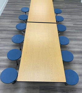 10ft Cafeteria Lunch Table w/ 12 Stool Seat, Light Oak Top, Blue Seat, Adult Size (RF)
