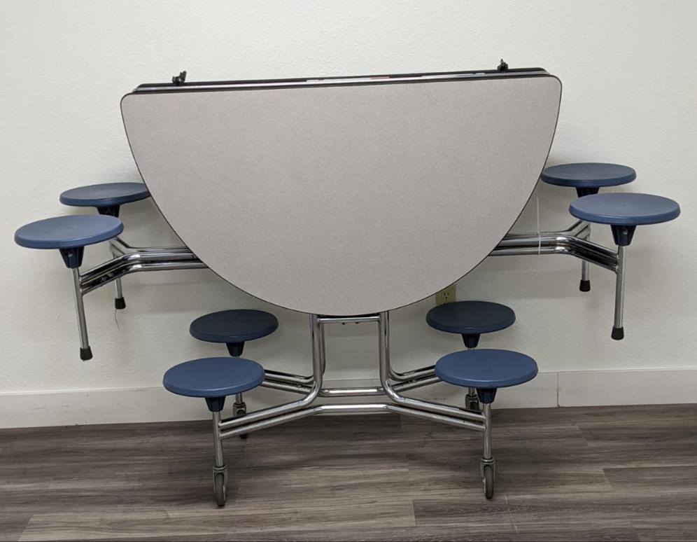 60in Round Cafeteria Lunch Table w/ 8 Stool Seat, Gray Top, Blue Seat, Adult Size (RF)