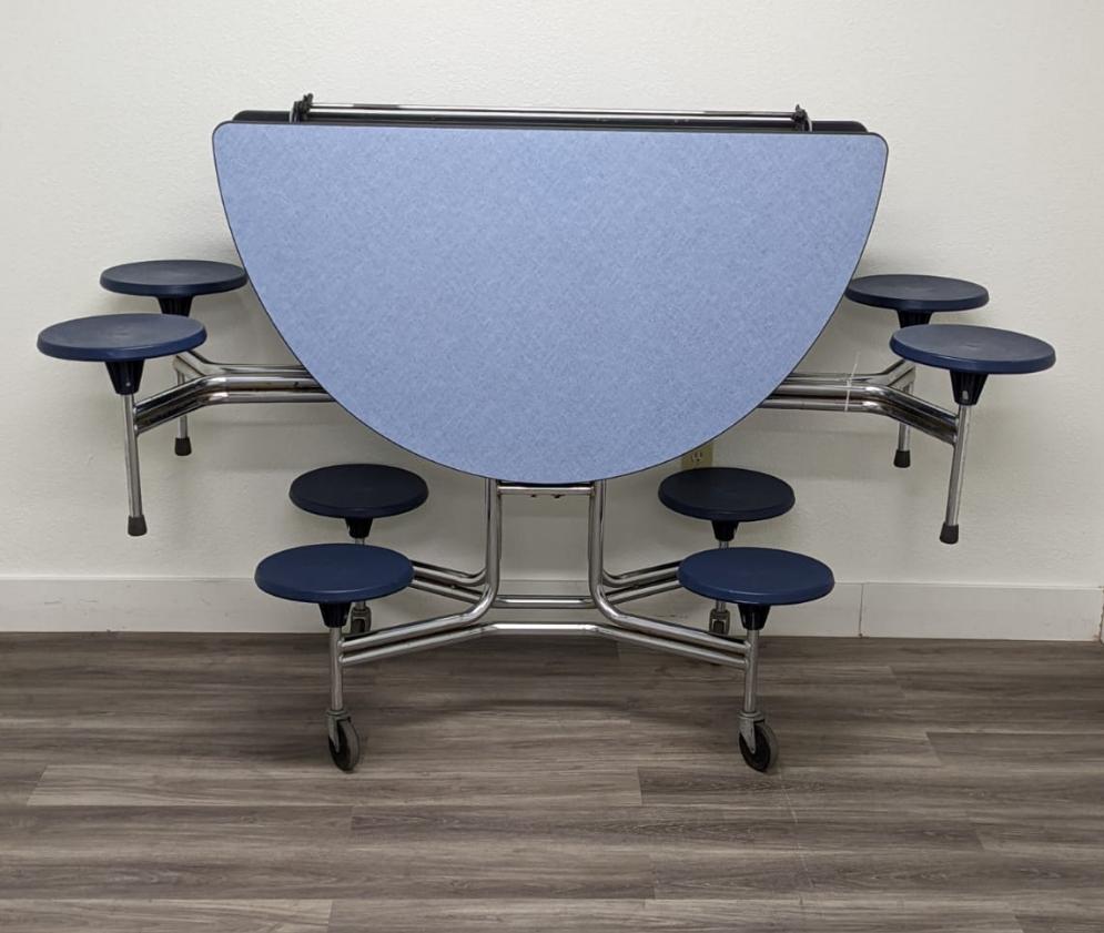 60in Round Cafeteria Lunch Table w/ 8 Stool Seat, Blue Top, Blue Seat, Adult Size (RF)