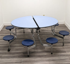 60in Round Cafeteria Lunch Table w/ 8 Stool Seat, Blue Top, Blue Seat, Adult Size (RF)