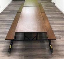 Load image into Gallery viewer, 12ft Cafeteria Lunch Table w/ Bench Seat, Walnut Wood Grain, Palmer Hamilton Brand, Dual Sizes, Adult &amp; Elementary Size (RF)
