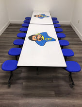 Load image into Gallery viewer, 12ft Cafeteria Lunch Table w/ Stool Seat, Gray Pirate Top, Blue Seat, Elementary Size (RF)
