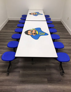 12ft Cafeteria Lunch Table w/ Stool Seat, Gray Pirate Top, Blue Seat, Elementary Size (RF)