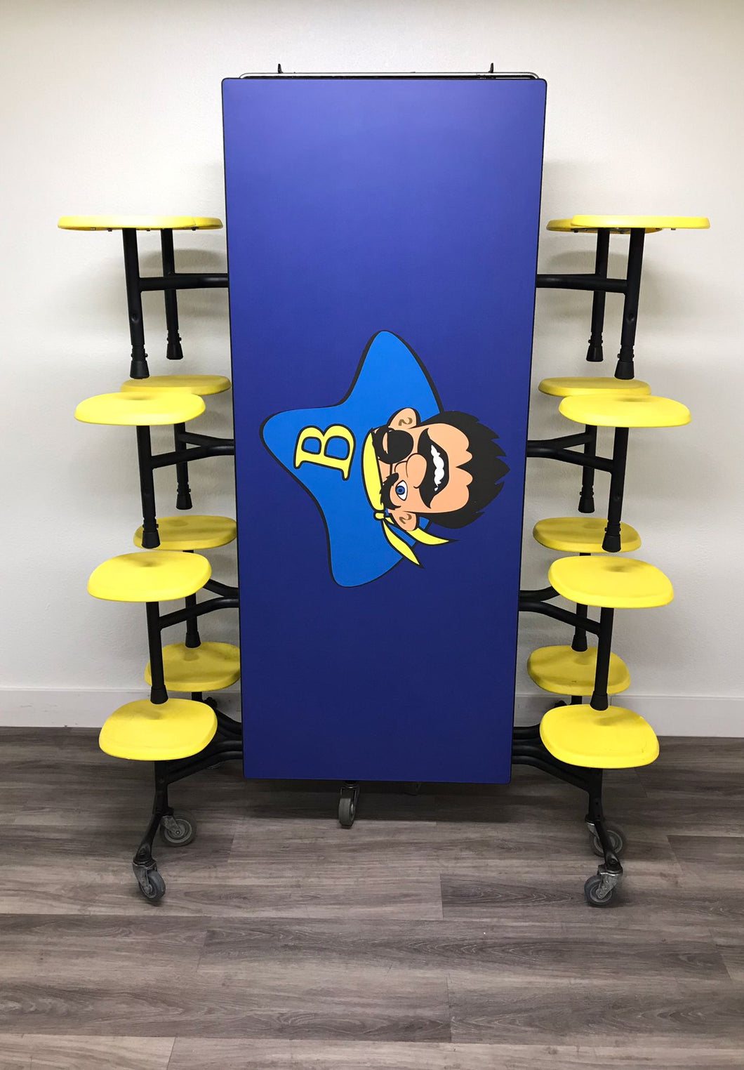 12ft Cafeteria Lunch Table w/ Stool Seat, Blue Pirate Top, Yellow Seat, Elementary Size (RF)