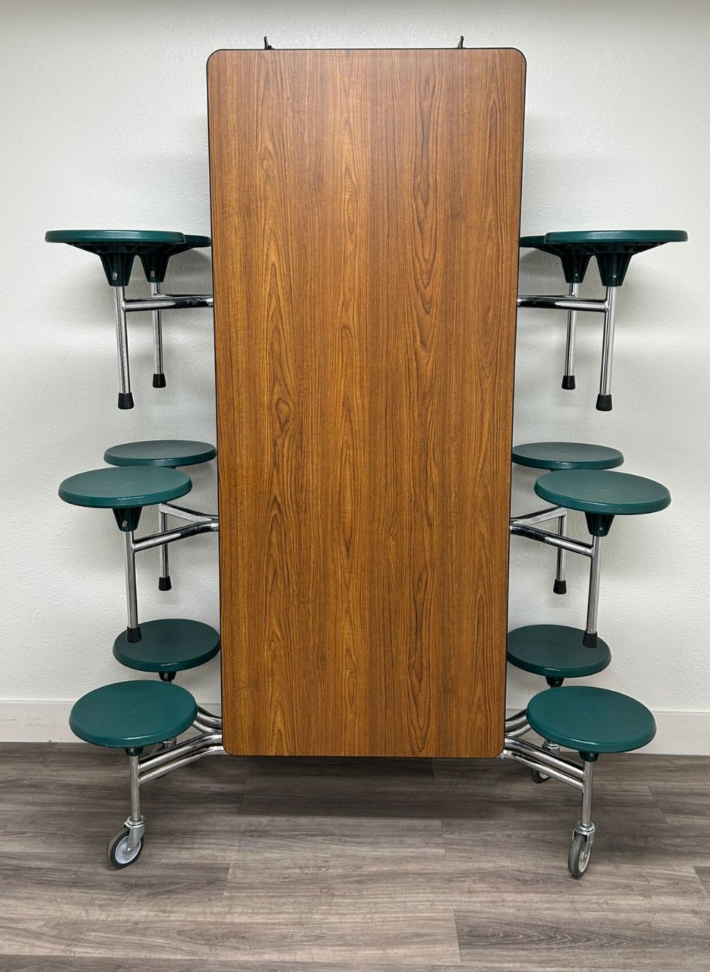12ft Cafeteria Lunch Table w/ Stool Seat, Wood Grain Top, Green Seat, Adult Size (RF)