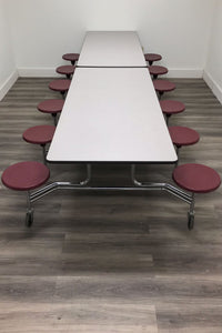12ft Cafeteria Lunch Table w/ Stool Seat, Gray Top, Burgundy Seat, Adult Size (RF)