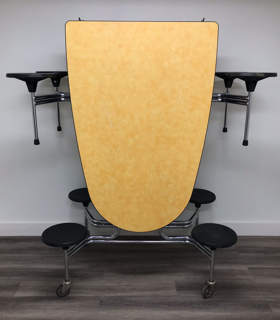 Wheeelchair Accessible 10ft Cafeteria Lunch Table w/ 8 Stool Seat, Yellow Top, Black Seat, Oval, Adult Size (RF)