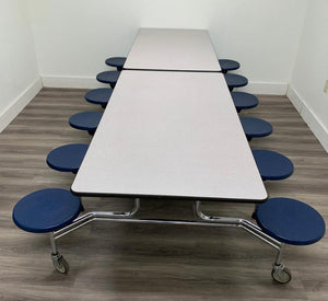 10ft Cafeteria Lunch Table w/ 12 Stool Seat, Gray Top, Blue Seat, Adult Size (RF)