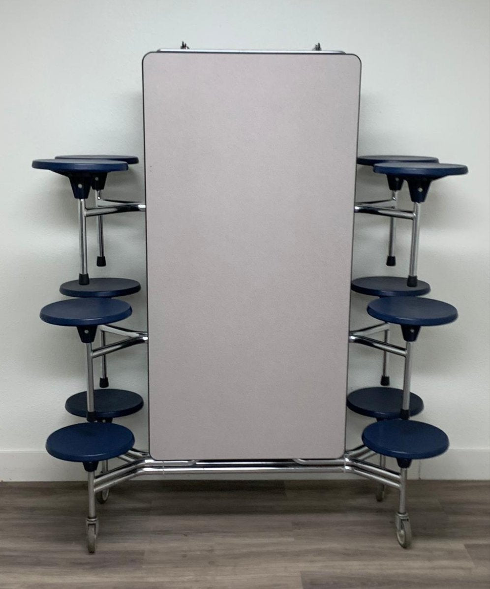 10ft Cafeteria Lunch Table w/ 12 Stool Seat, Gray Top, Blue Seat, Adult Size (RF)