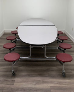 10ft Cafeteria Lunch Table w/ 12 Stool Seat, Gray Top, Burgundy Seat, Oval, Adult Size (RF)