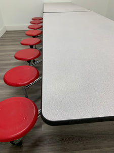 12ft Cafeteria Lunch Table w/ 16 Stool Seat, Gray Top, Red Seat, Elementary Size (RF)
