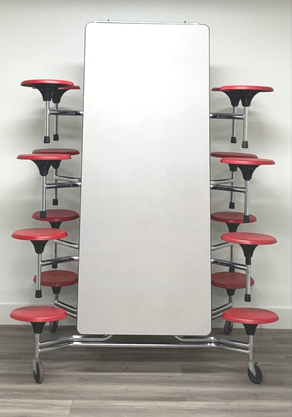 12ft Cafeteria Lunch Table w/ 16 Stool Seat, Gray Top, Red Seat, Elementary Size (RF)